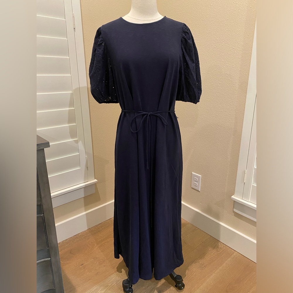 Boden Midi Dress Navy Eyelet Sleeves Tie Belt Cotton Size 12R